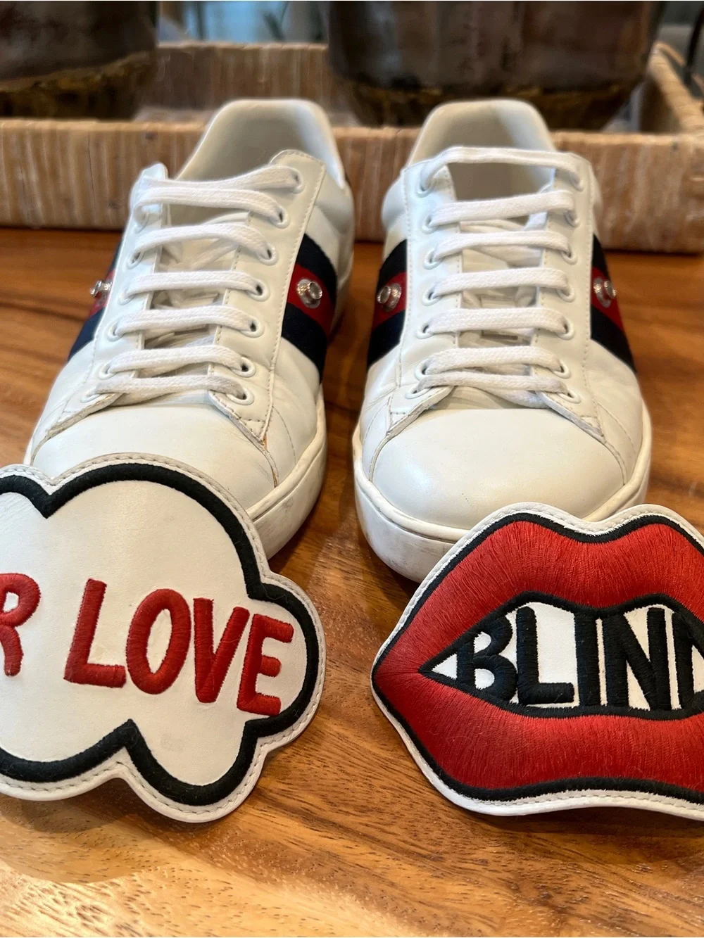 GUCCI Ace Sneakers “Blind For Love” 470012 White Leather Size 42 /US 9 Authentic - Picture 7 of 11